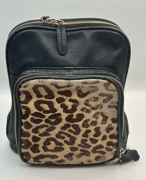 Margot Black Pebbled Leather and Leopard Calf Hair Mini Backpack